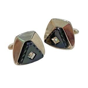 Vintage mid century cufflinks silvertone & carved black stone with rhinestones